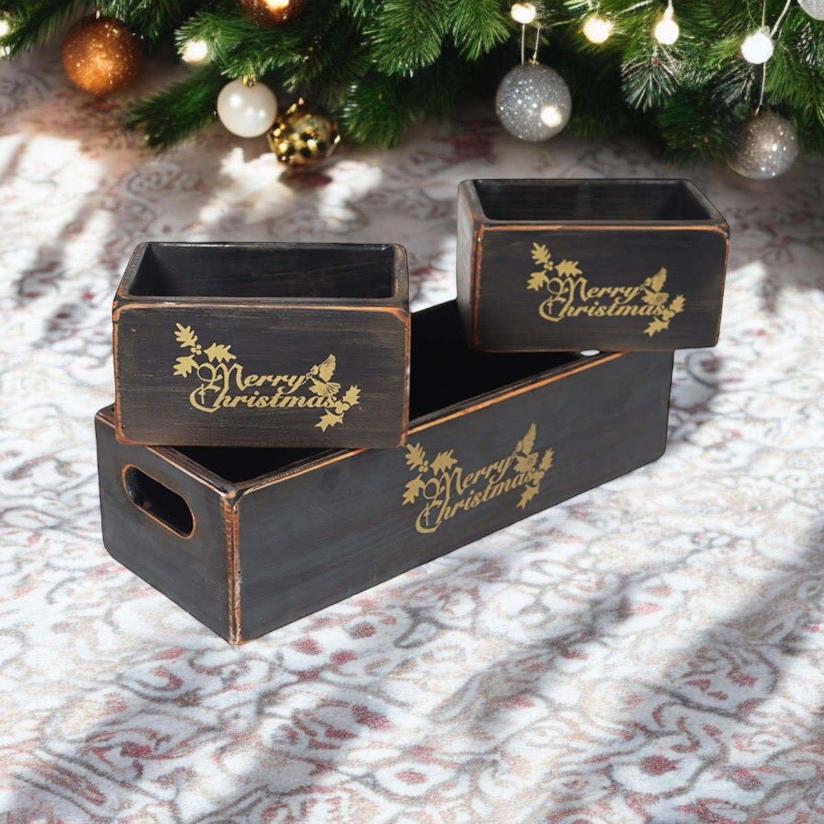 Set of 3 Hand Finished Black Christmas Wooden Boxes 34/15/15cm