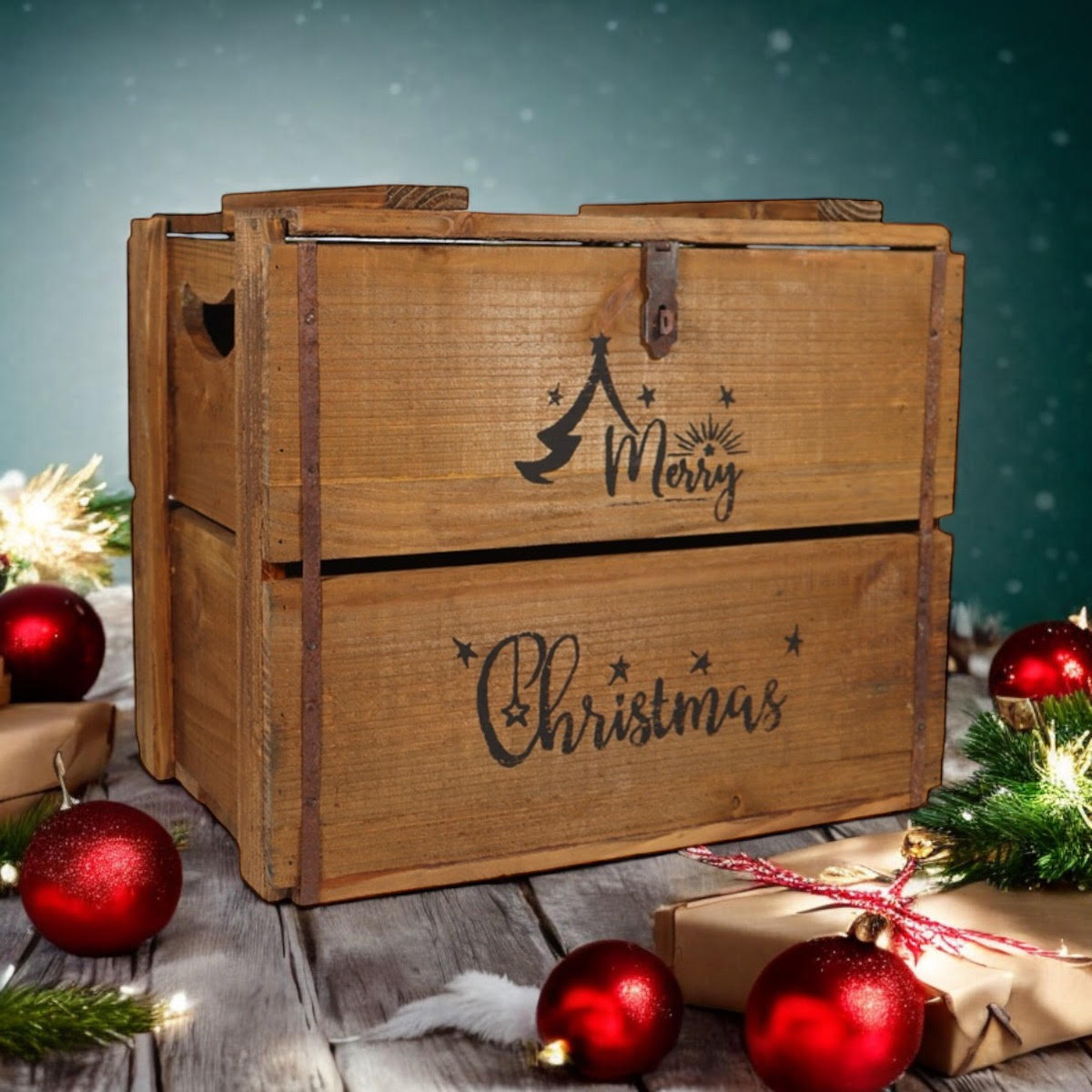 MSL 42CM Wooden Merry Christmas Box with Lift-Up Lid, Hand Finished