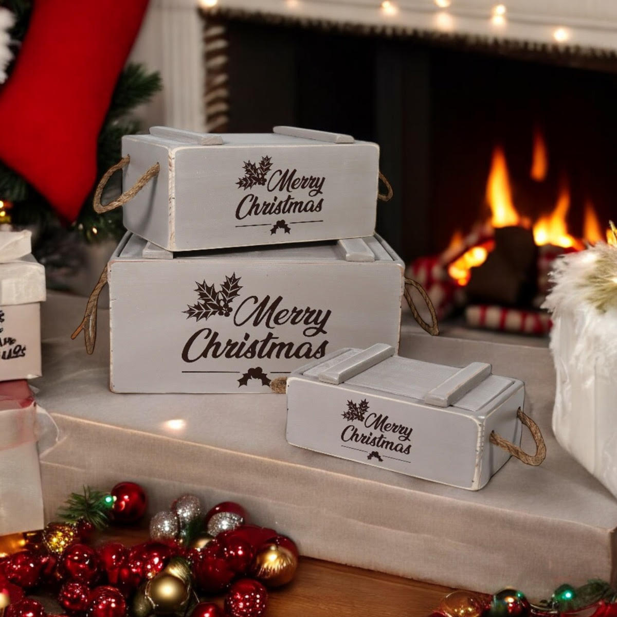MSL Set of 3 Rustic Grey Wooden Christmas Crates with Lids and Rope Handles, Hand Finished