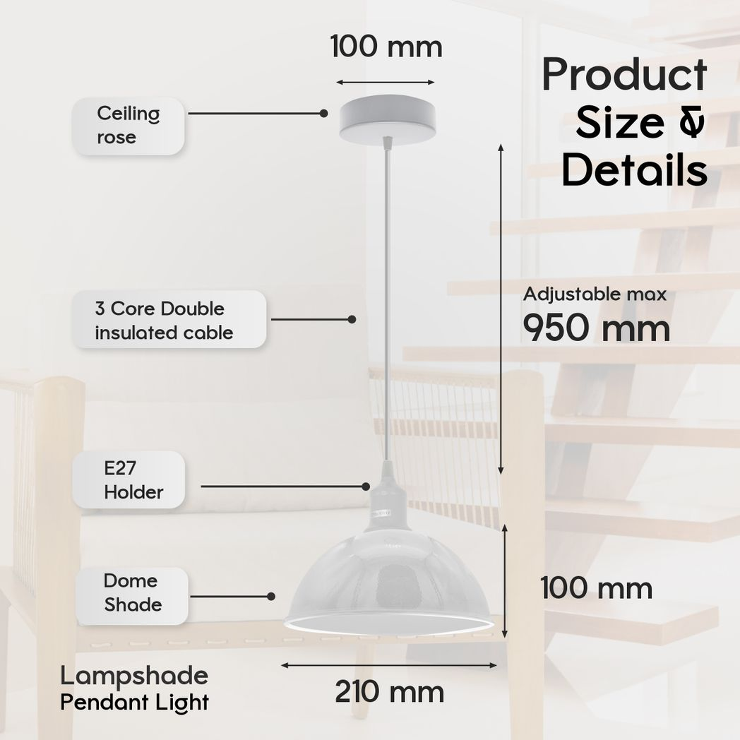 2 Pack White Dome Metal Pendant Light Shades, E27 Compatible