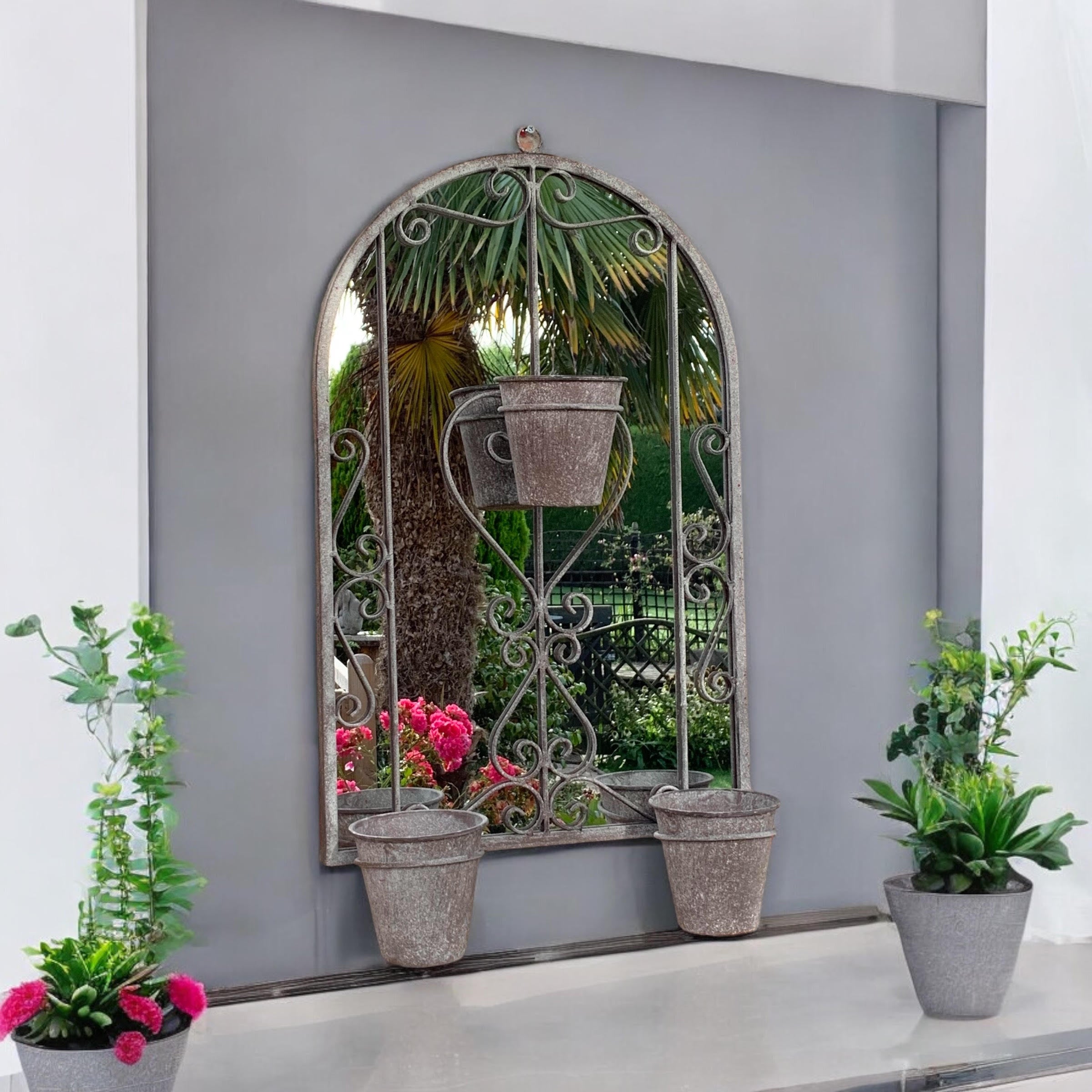 80cm Antique Finish Metal Wall Mirror with 3 Planter Holders and Pot