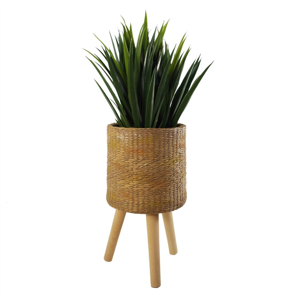Leaf 54cm x 30cm Rattan Effect Fibreglass Composite Large Planter with Wooden Legs