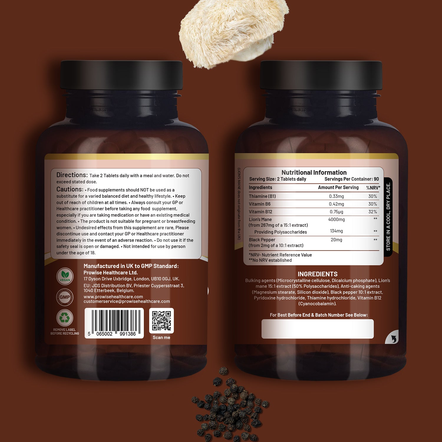 Prowise Healthcare Lion’s Mane Mushroom Supplement 4000mg, 15:1 Extract with Vitamin B1, B6, B12 & Black Pepper