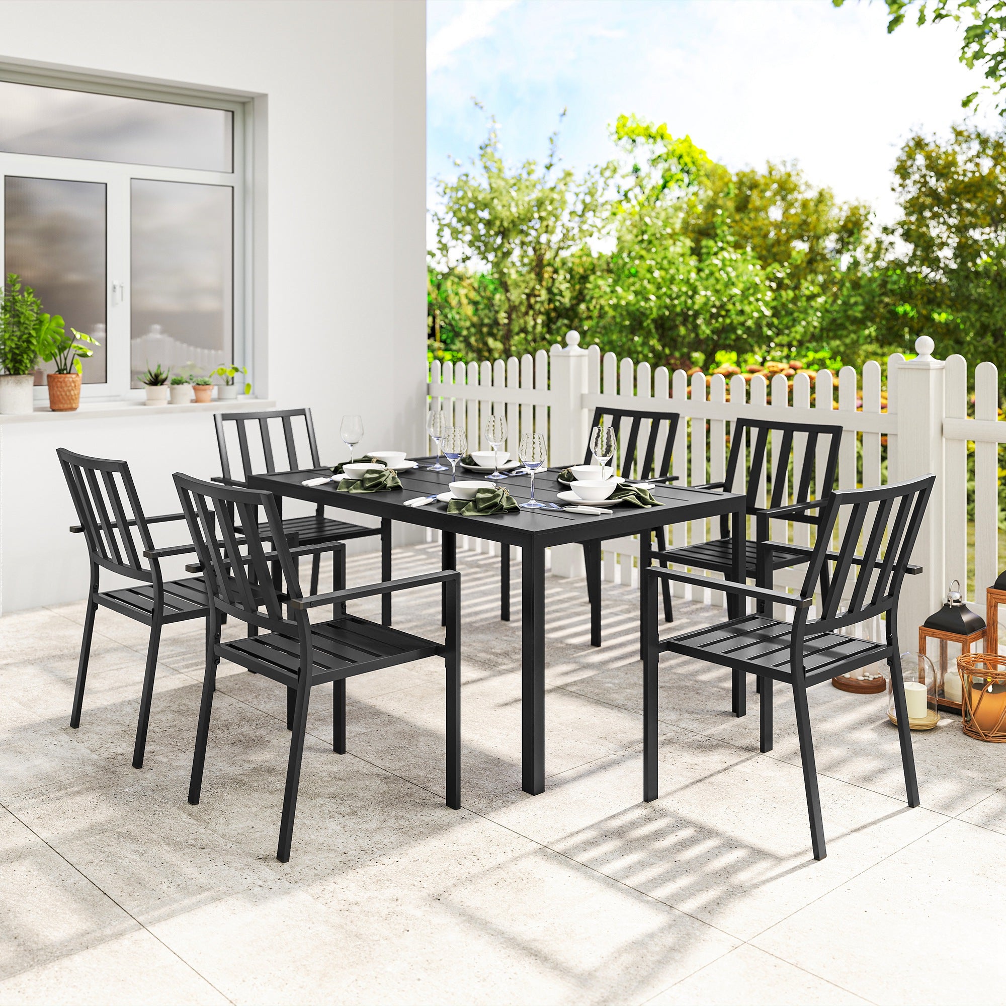 Outsunny 7 Piece Outdoor Garden Dining Set with Metal Table and 6 Stackable Armchairs, Black