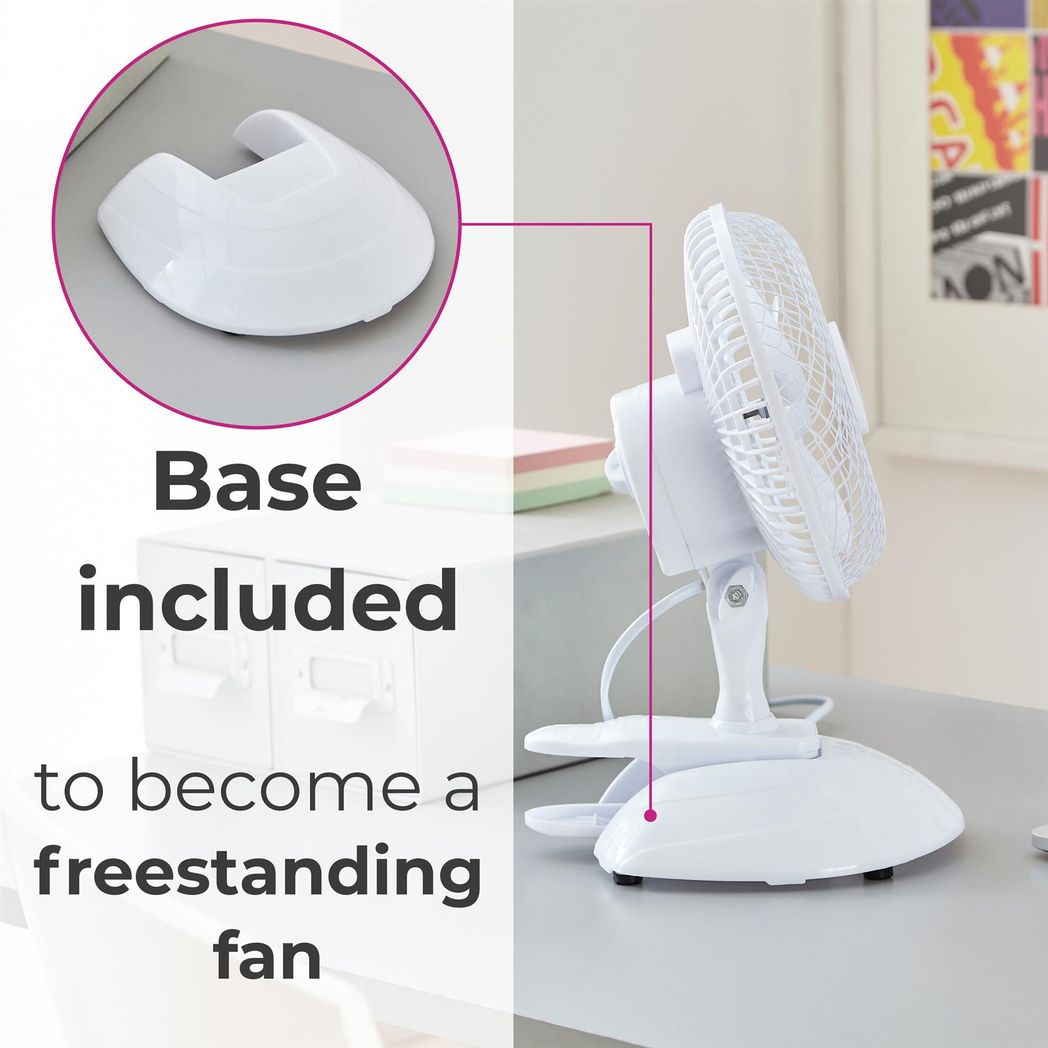 Neo 6 Inch Mini Clip and Base Mount Desk Fan - White