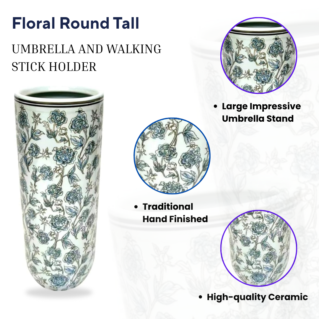 18 Inch Traditional Glazed Umbrella Stand and Large Vase for Fresh or Dried Flowers, Twigs and Branches