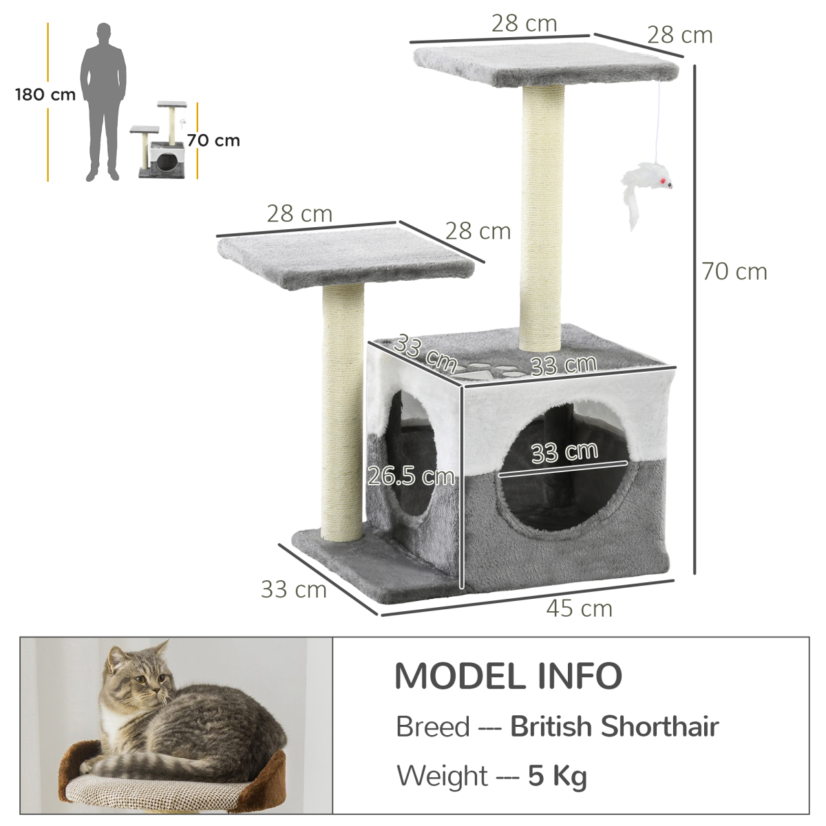 PawHut Grey Cat Tree with Sisal Posts, House, Perches & Toy Mouse