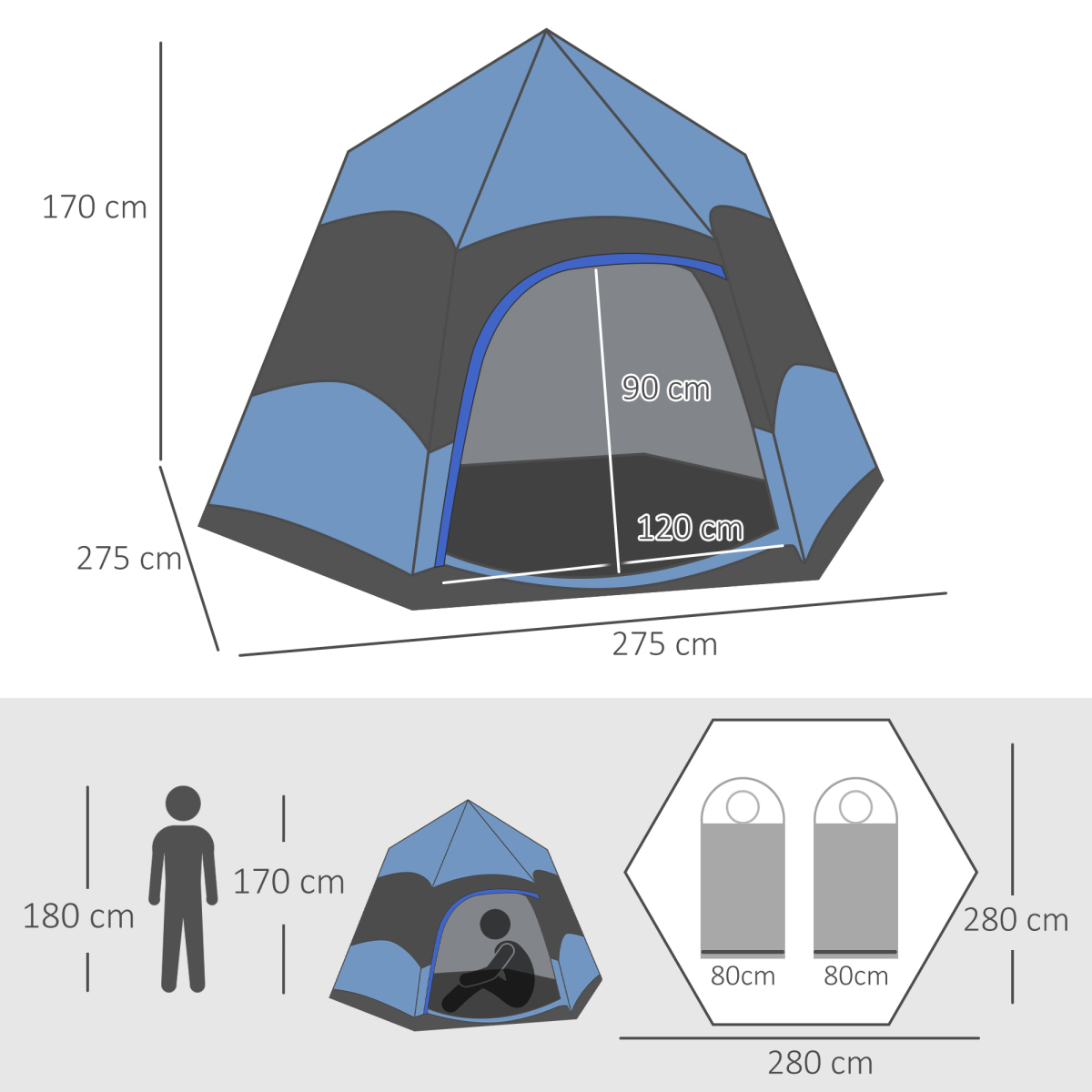 Outsunny 4 Person Pop Up Camping Tent, Water-Resistant, 2 Doors, Mesh Windows, Blue and Black