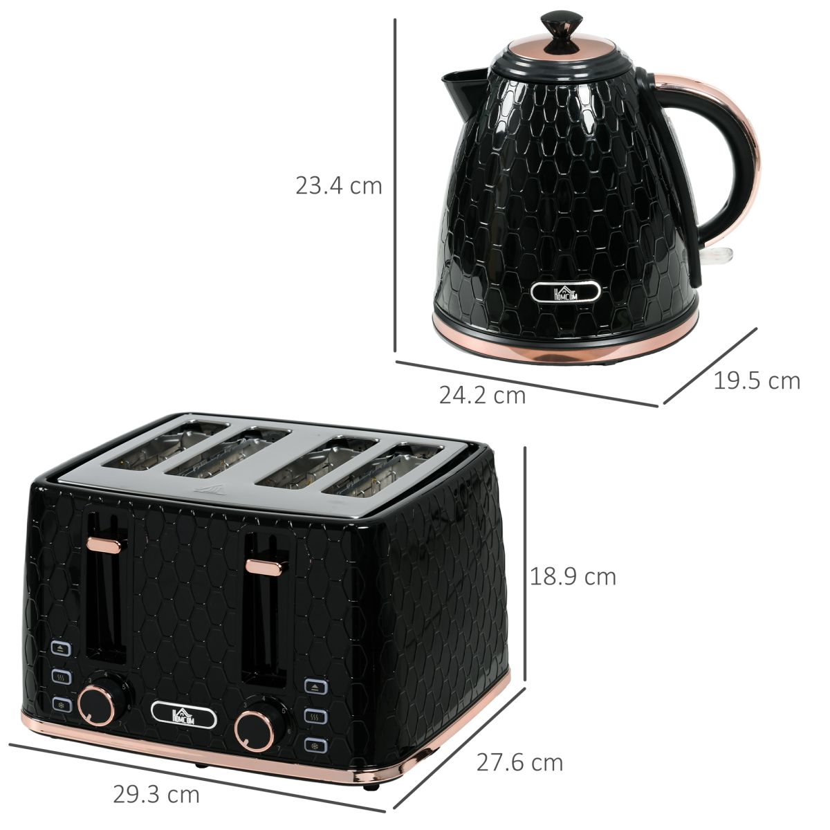 HOMCOM 1.7L Kettle and 4-Slice Toaster Set, Black, Defrost & Reheat