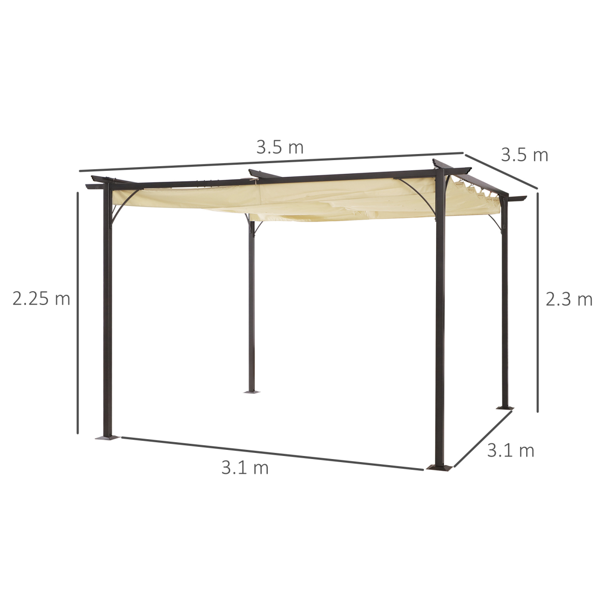 Outsunny Steel Pergola, 350L cm, Powder-Coated Steel Frame, Retractable Anti-UV Water-Repelling Canopy Roof