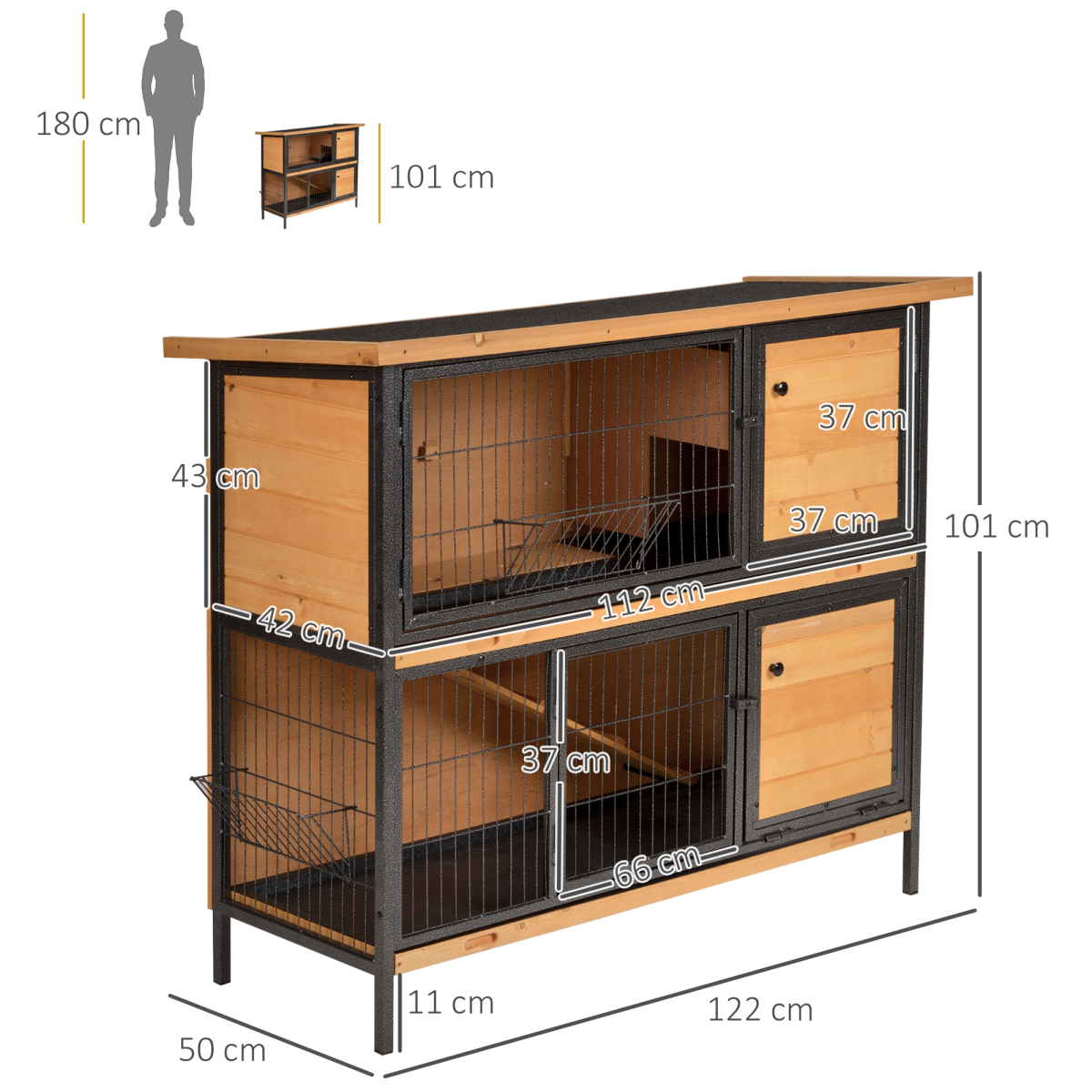 PawHut Wooden and Metal Rabbit Hutch with Slide-Out Tray, Outdoor Bunny Pet House, Light Yellow