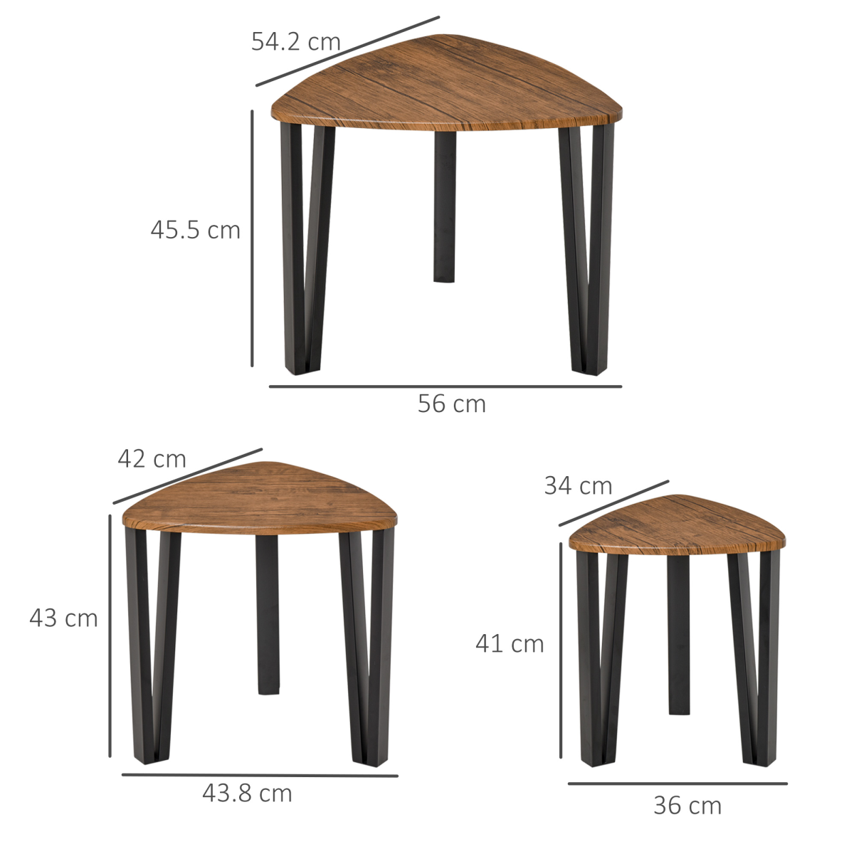 HOMCOM 3-Piece Stackable Triangle Coffee Table Set, Walnut MDF Tops, Steel Frame
