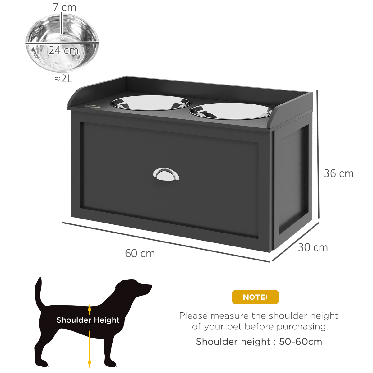 PawHut Raised Stainless Steel Dog Bowls with 21L Drawer