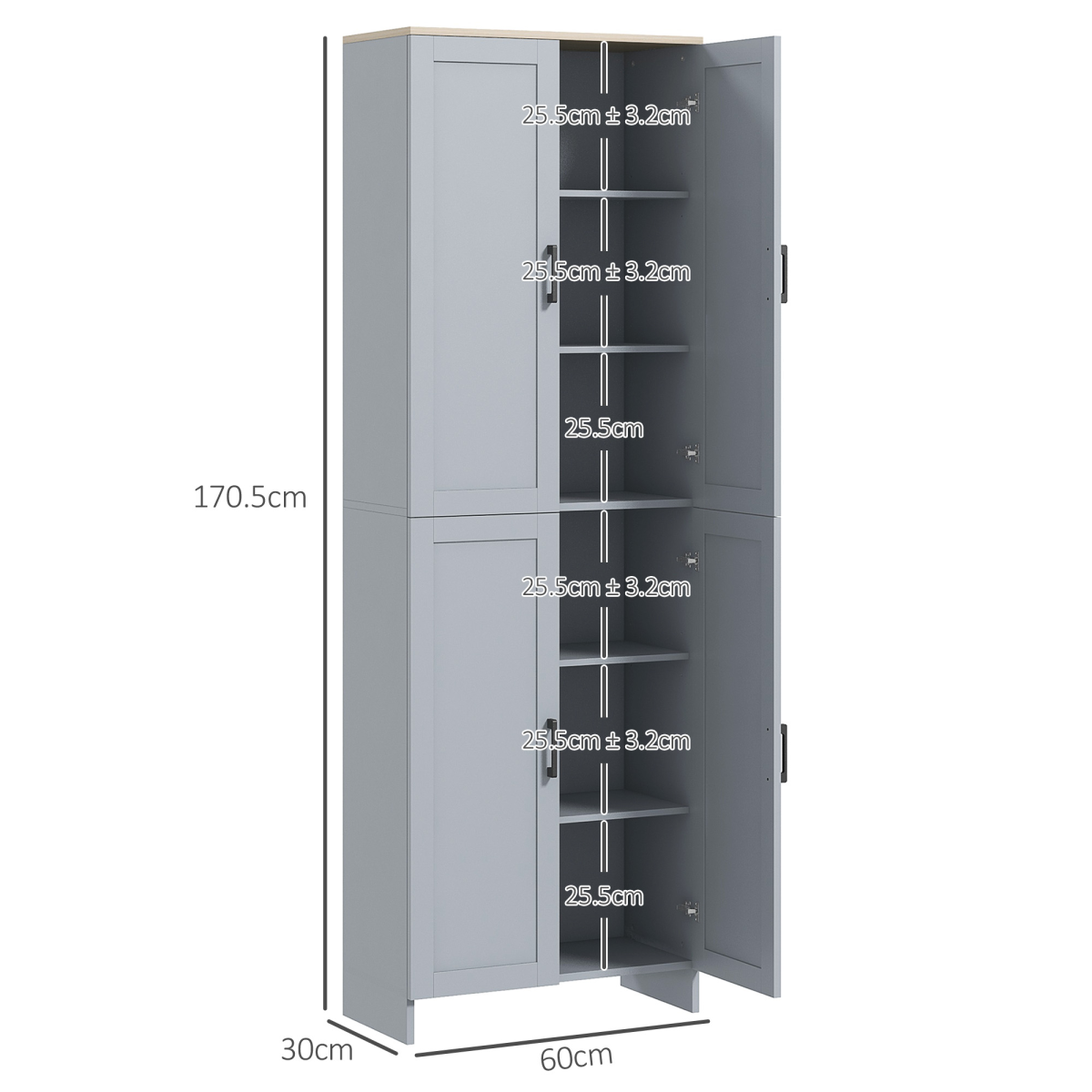 HOMCOM Grey Kitchen Storage Cabinet with 4 Doors and Adjustable Shelves
