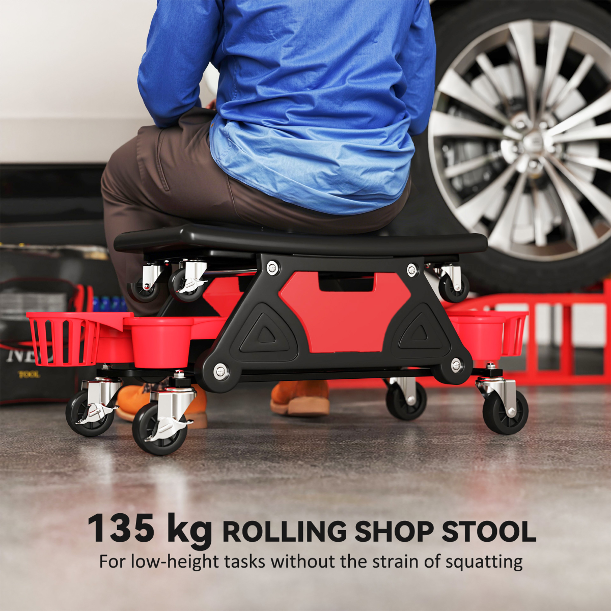 HOMCOM Rolling Mechanic Stool with Storage, 135kg Capacity, Red