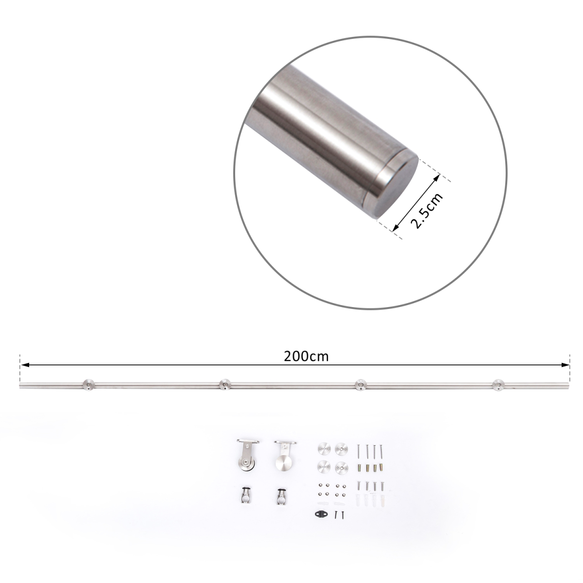 Sliding Door Track Kit for Single Wooden Door, Stainless Steel Rail, 100kg Max Load, Includes Roller, Stopper, Floor Guide and Tools