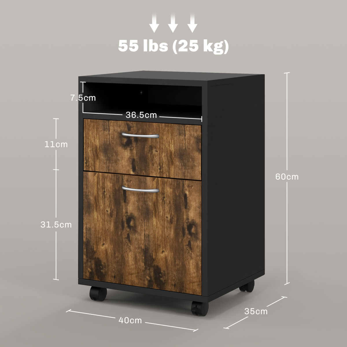 HOMCOM 60cm Storage Cabinet on Wheels with Drawer and Open Shelf, Rustic Brown