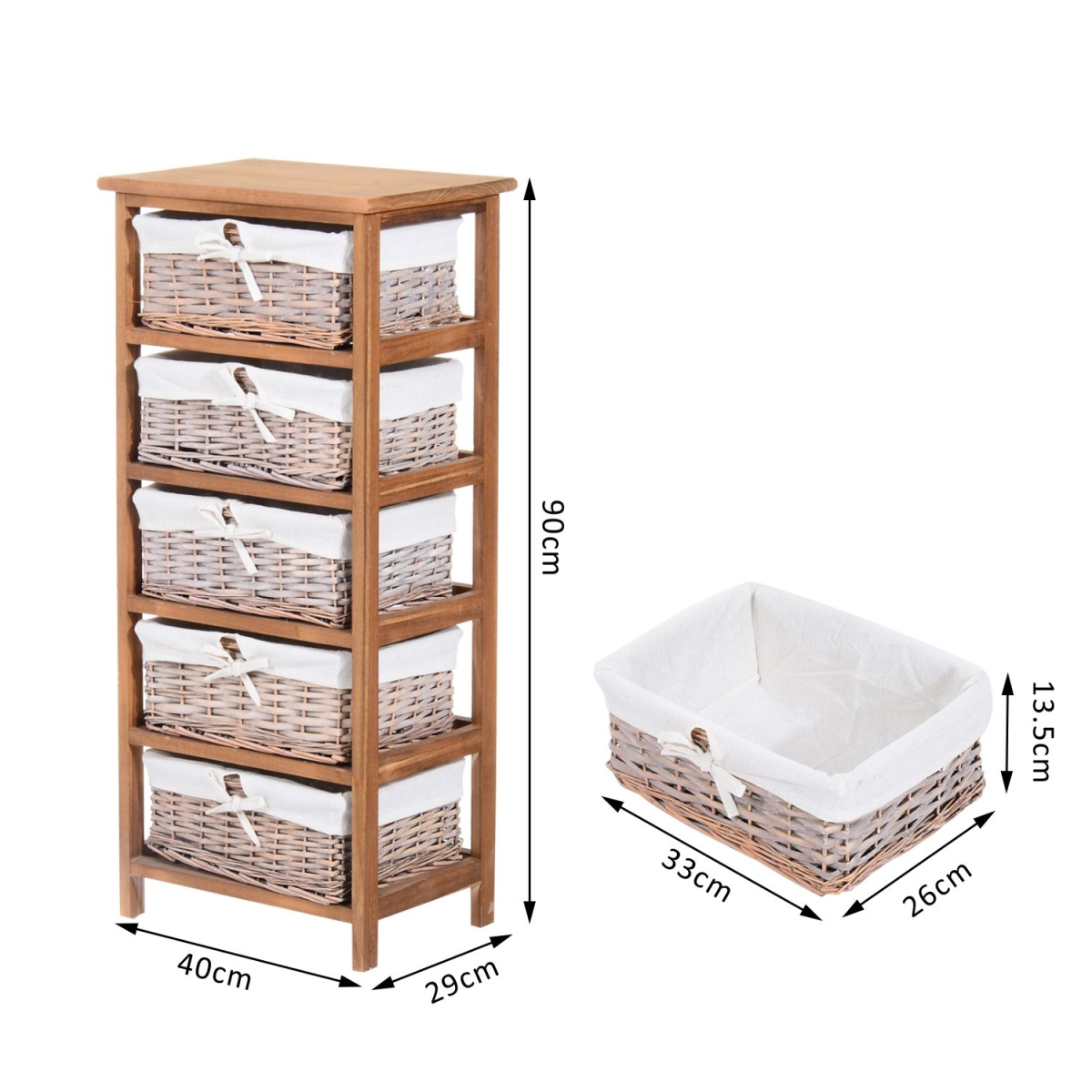 HOMCOM 5-Drawer Wooden Storage Unit with Wicker Woven Baskets and Removable Liners