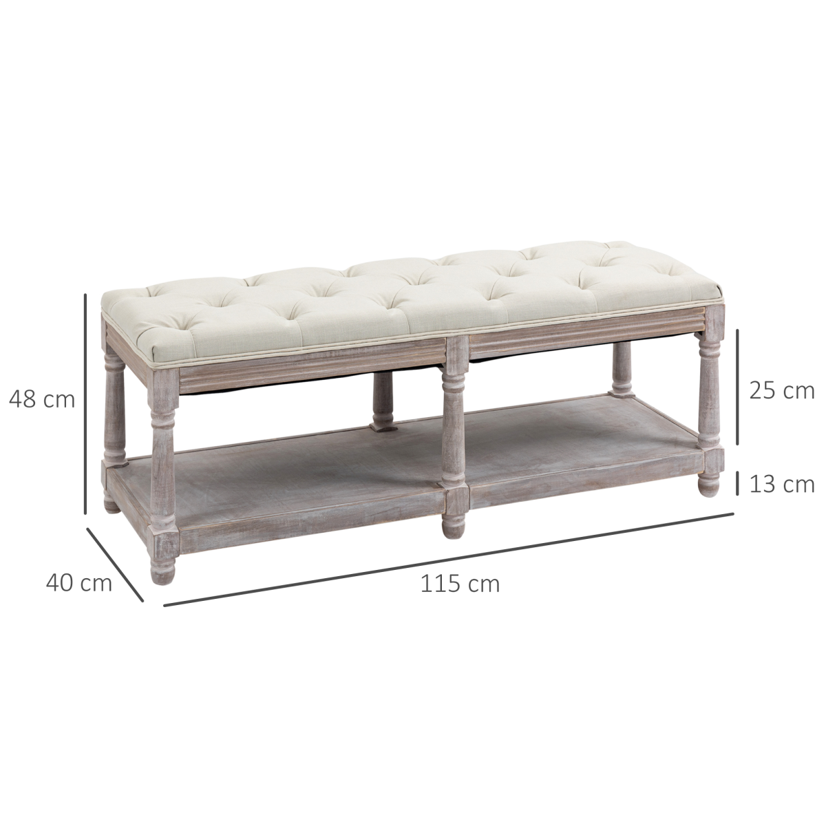 2-Tier Vintage Tufted Storage Bench, Cream White