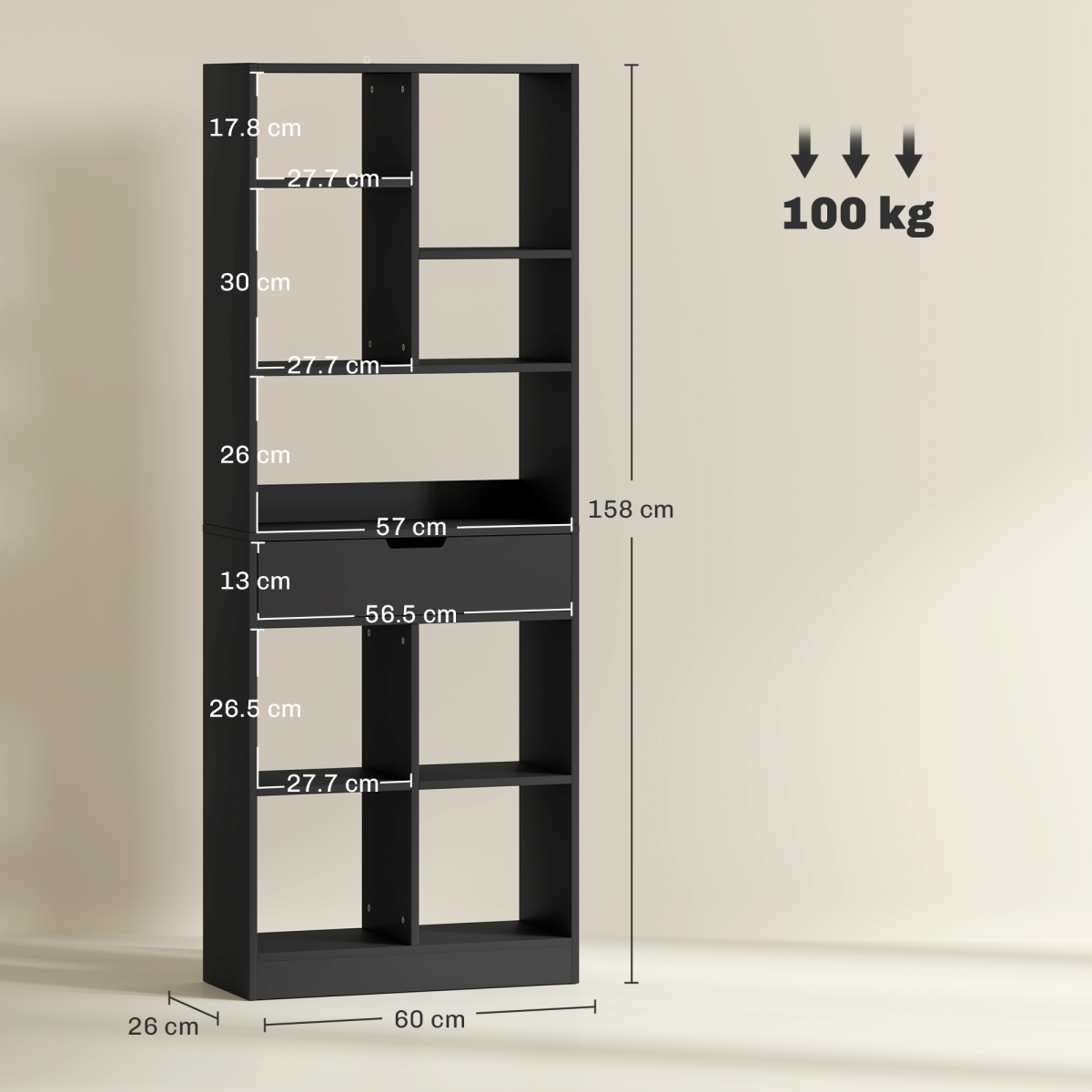 HOMCOM Freestanding Black Bookcase Display Shelf with Drawer, 9 Compartments