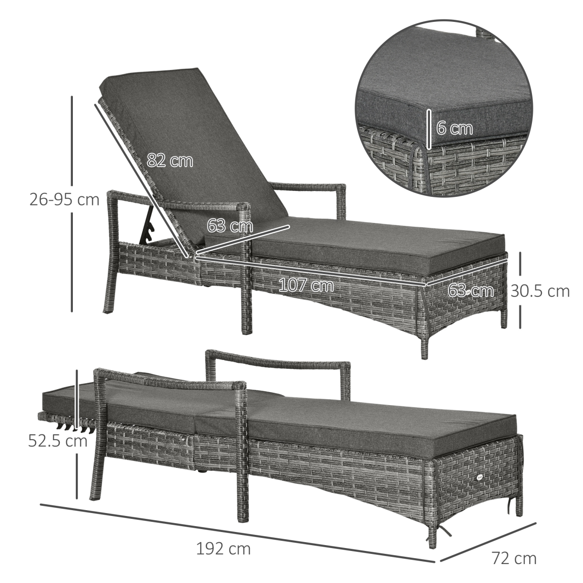 Outsunny Grey Rattan Sun Lounger Chair with Cushion, 4-Position Recline