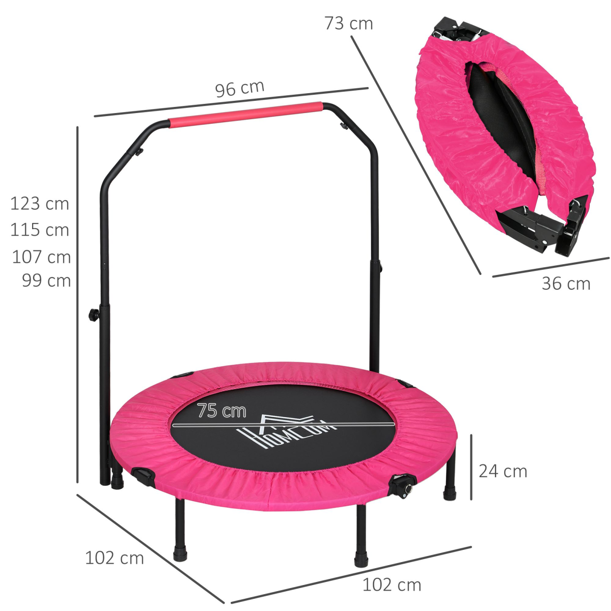 HOMCOM 40in Foldable Fitness Trampoline with Adjustable Handle, Pink