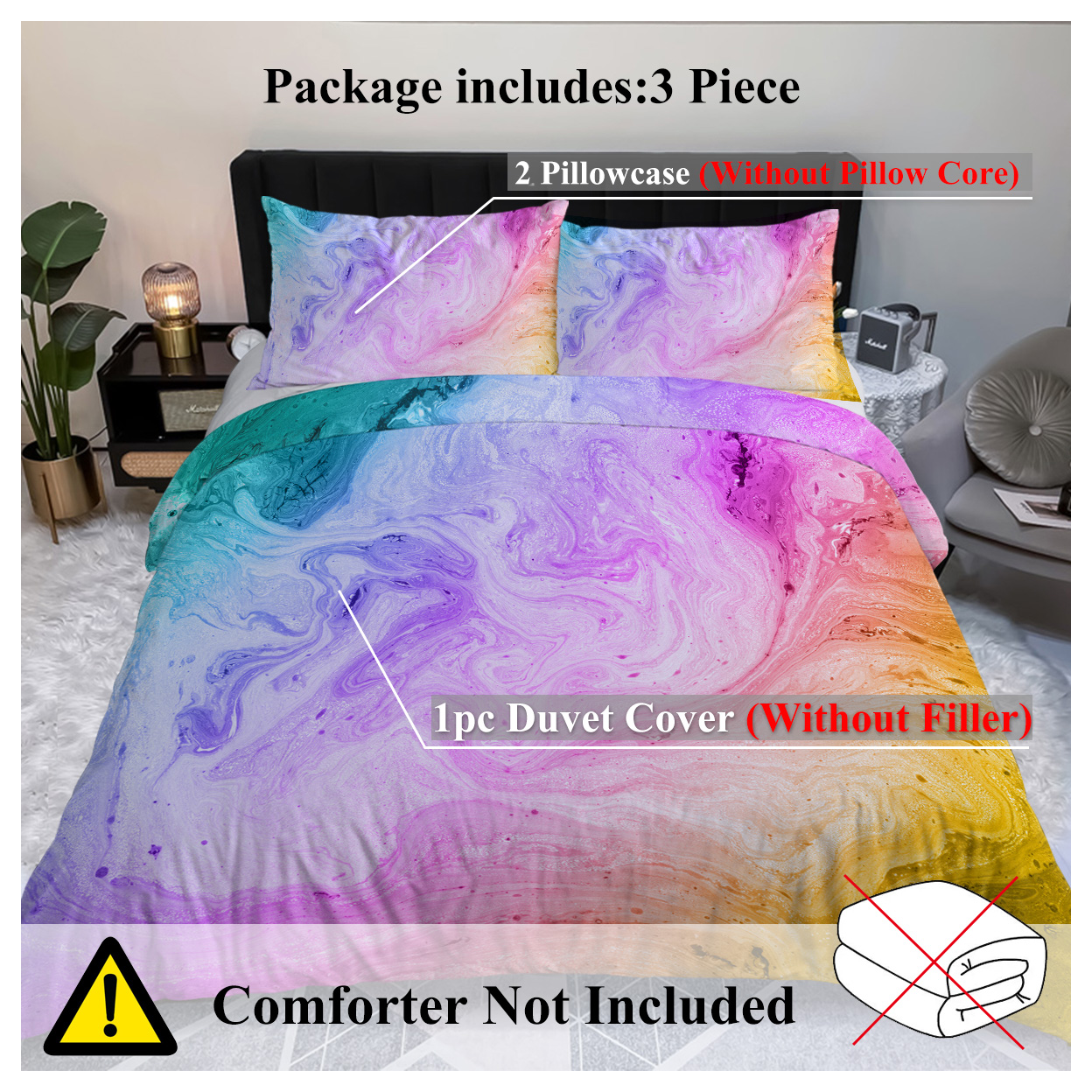 Girly Duvet Cover Rainbow Glitter Ombre Bedding Sets 3 Pcs Chic Unicorn Pink Purple Blue Green Pastel Bed Spreads Sparkle Quilt Cover Set with 2 Pillow Shams (Single)