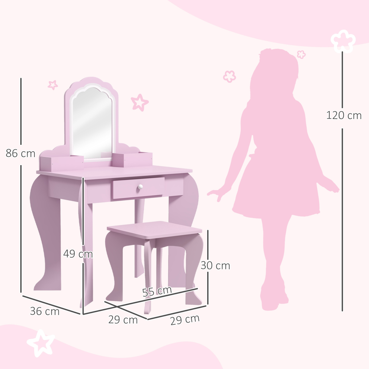 ZONEKIZ Kids Dressing Table Set with Mirror, Stool, Drawer Storage