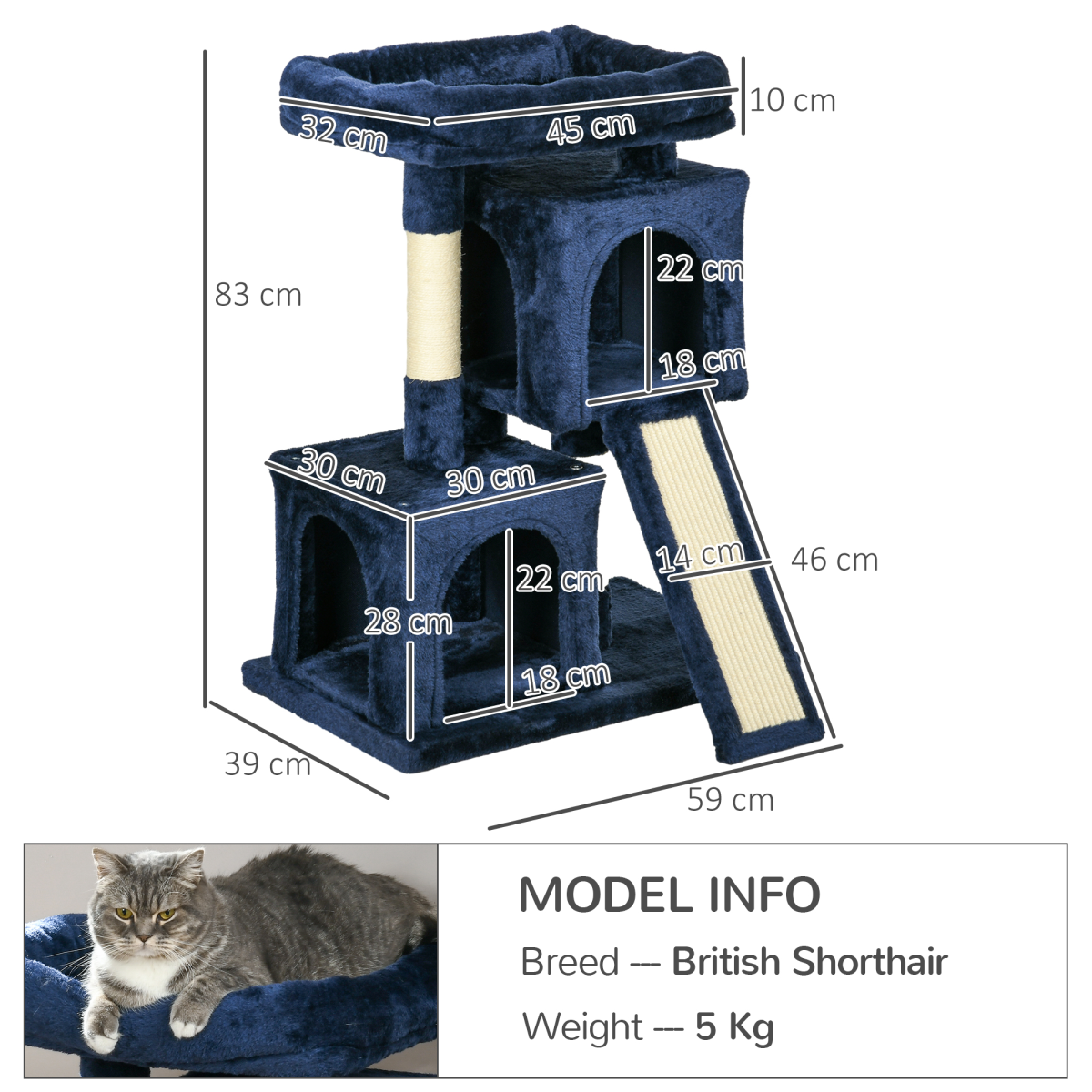 PawHut Cat Tree with 2 Houses, Perch & Scratching Posts, Navy Blue