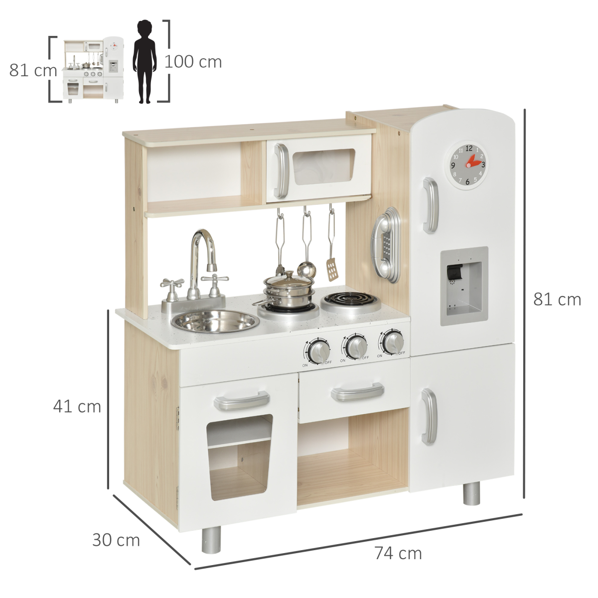 HOMCOM White Kids Kitchen Playset with Accessories, Pretend Cooking Set, Sink, Induction Cooker, Telephone and Water Dispenser