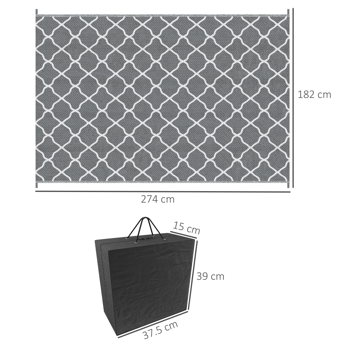 Outsunny Reversible Outdoor Rug with Carry Bag, 182 x 274 cm, Grey
