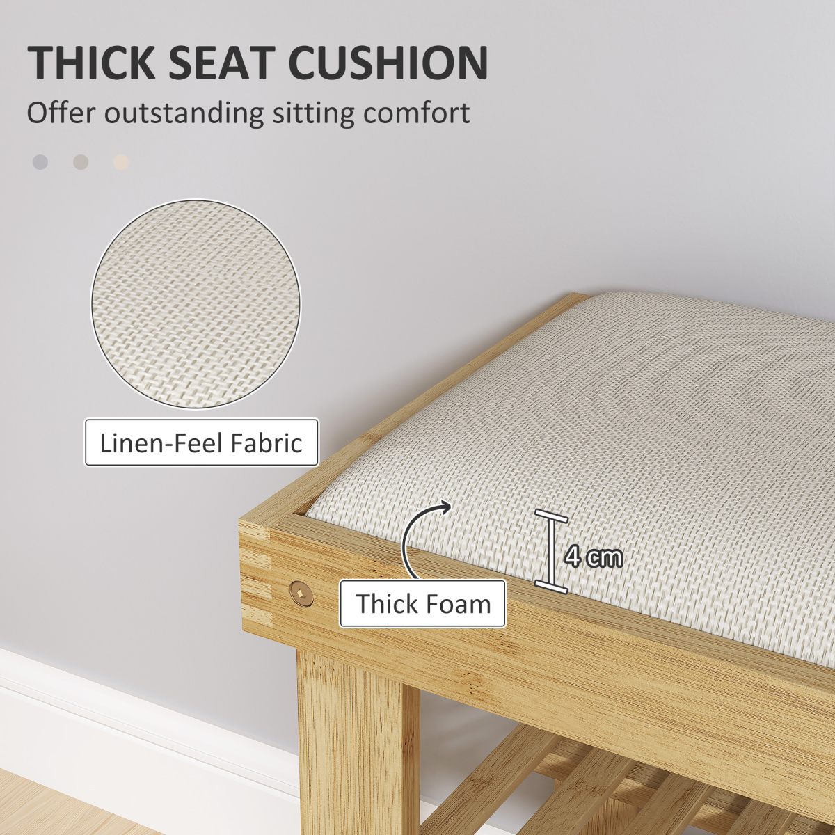 HOMCOM Bamboo 2-Tier Shoe Storage Bench with Cushion, Cream White