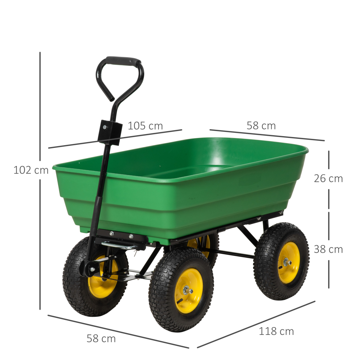 Outsunny 125L Heavy Duty 4-Wheel Garden Cart Trolley Wheelbarrow Green