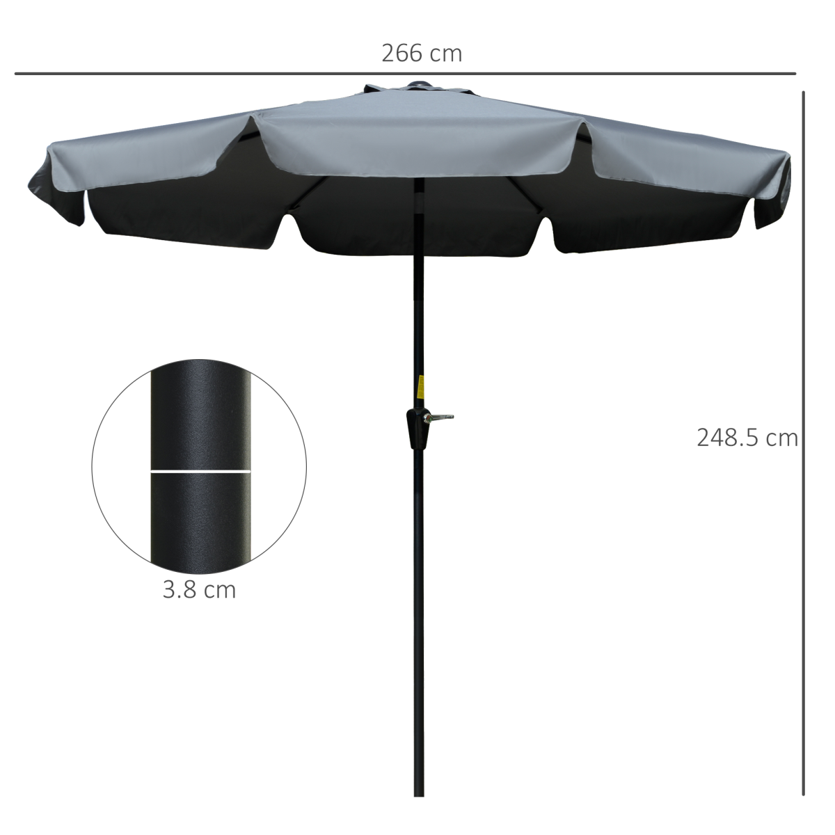 Outsunny 2.66m Charcoal Grey Patio Umbrella with Scalloped Edge, Crank Handle and Tilt Function