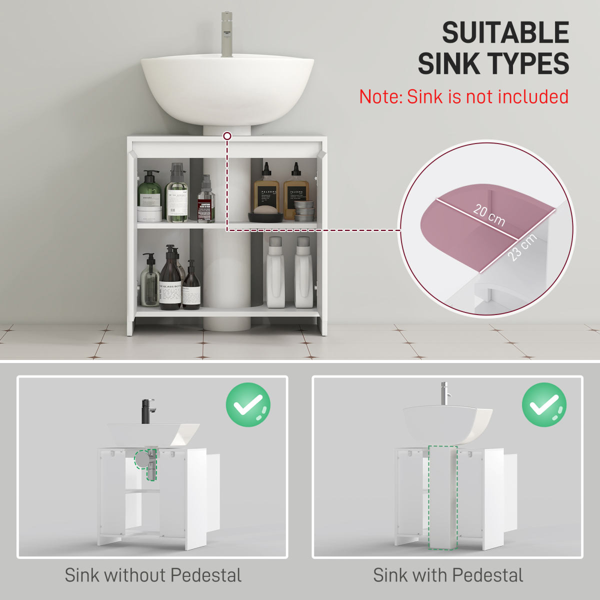 HOMCOM White Freestanding Under Sink Cabinet with 2 Doors, Shelf