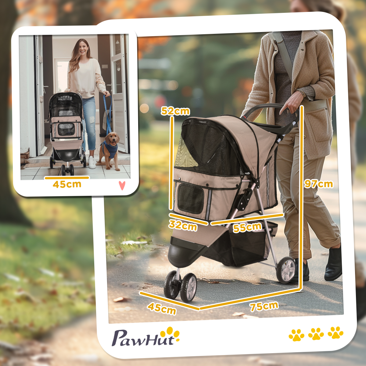 Pawhut 3-Wheel Pet Stroller for Cats and Small Dogs, Brown