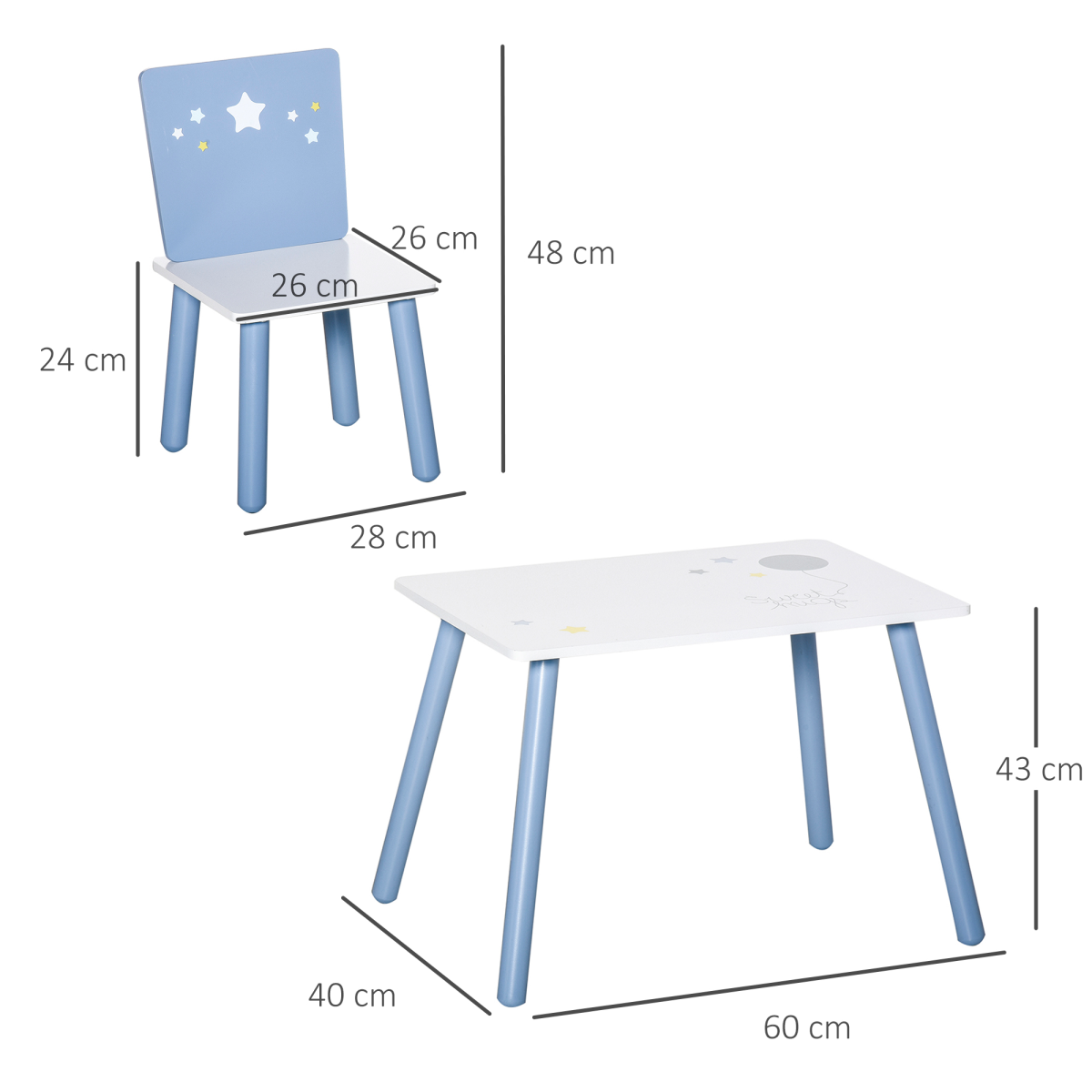 3 Piece Kids Table and 2 Chairs Set, White and Blue Stars and Balloon Design, Pine Wood Legs, Rounded Edges