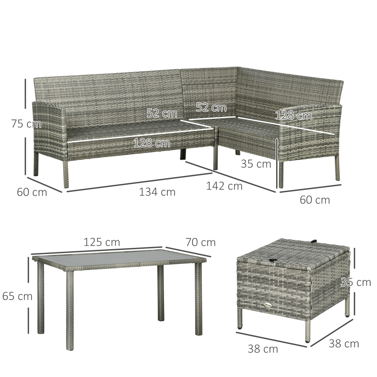 Outsunny 5-Piece Rattan Garden Dining Corner Sofa Set with Table, Footstools and Cushions