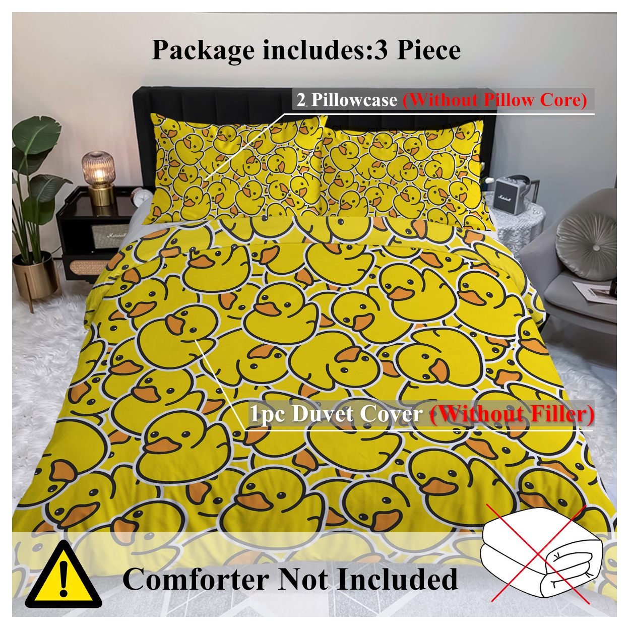 Duck Bedding Yellow Rubber Duck Duvet Cover Sets for Kids 3 Pieces Cute Yellow Duckies Comforter Cover Set Cartoon Duck Gifts for Duck Lovers (Double)