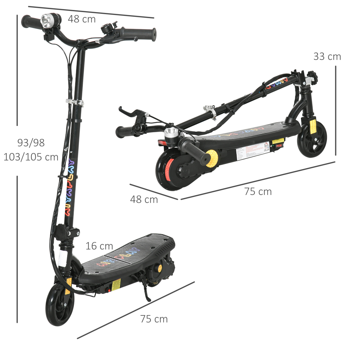 Foldable Electric Scooter with LED Headlight for Ages 7-14 - Black