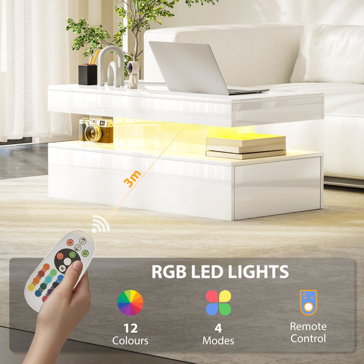 HOMCOM LED Coffee Table with Storage, High Gloss, White