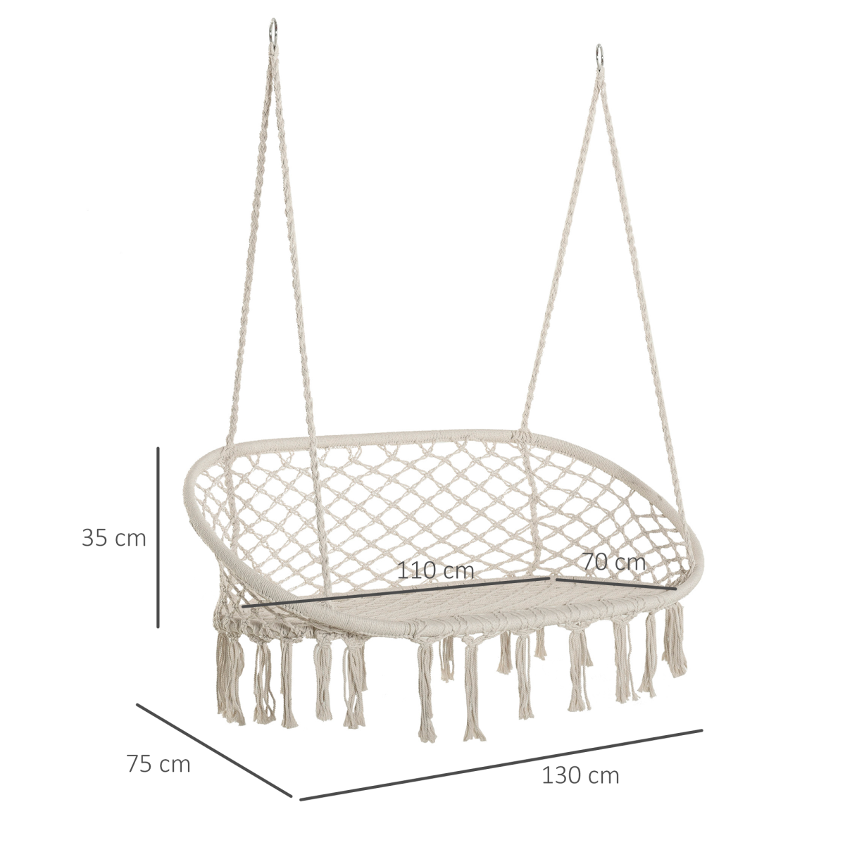 Outsunny Hanging Hammock Chair, Cotton Rope Macrame Swing with Metal Frame, Large 2-Seater, Cream White