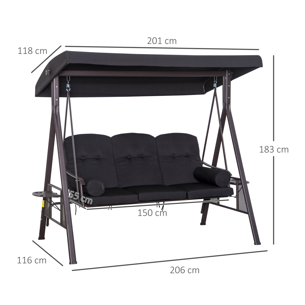 Outsunny 3 Seater Garden Swing Chair with Canopy & Cup Trays, Black
