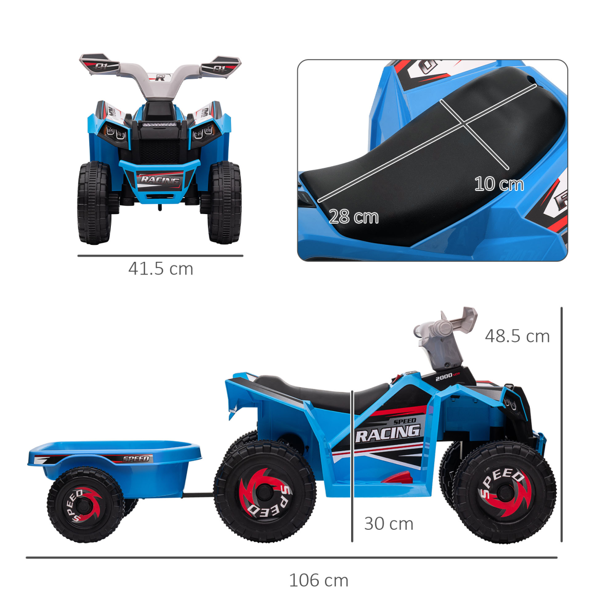 HOMCOM 6V Kids Electric Quad Bike Ride-On ATV with Trailer, Blue