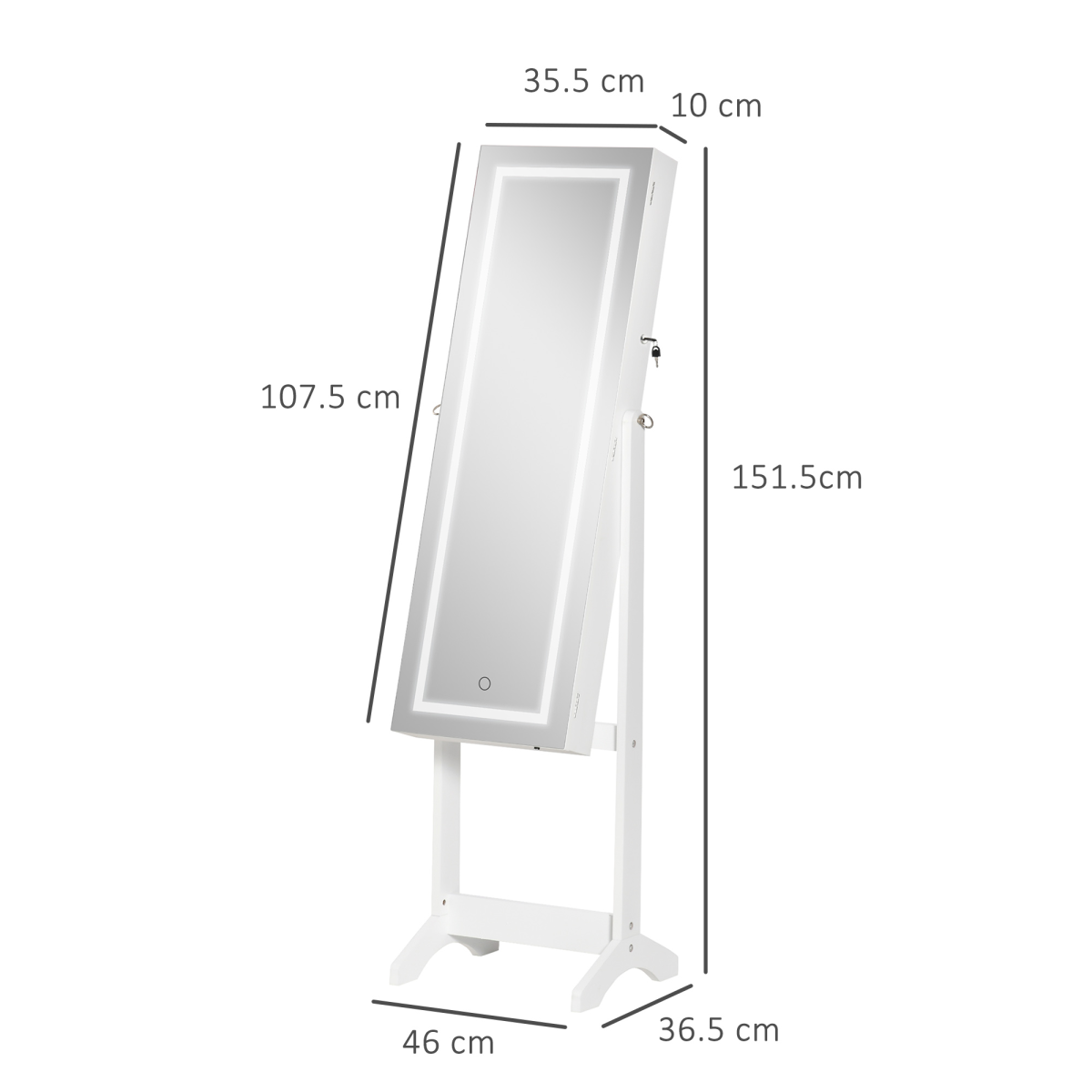 White Mirrored Jewellery Cabinet with LED Light, Lockable Storage