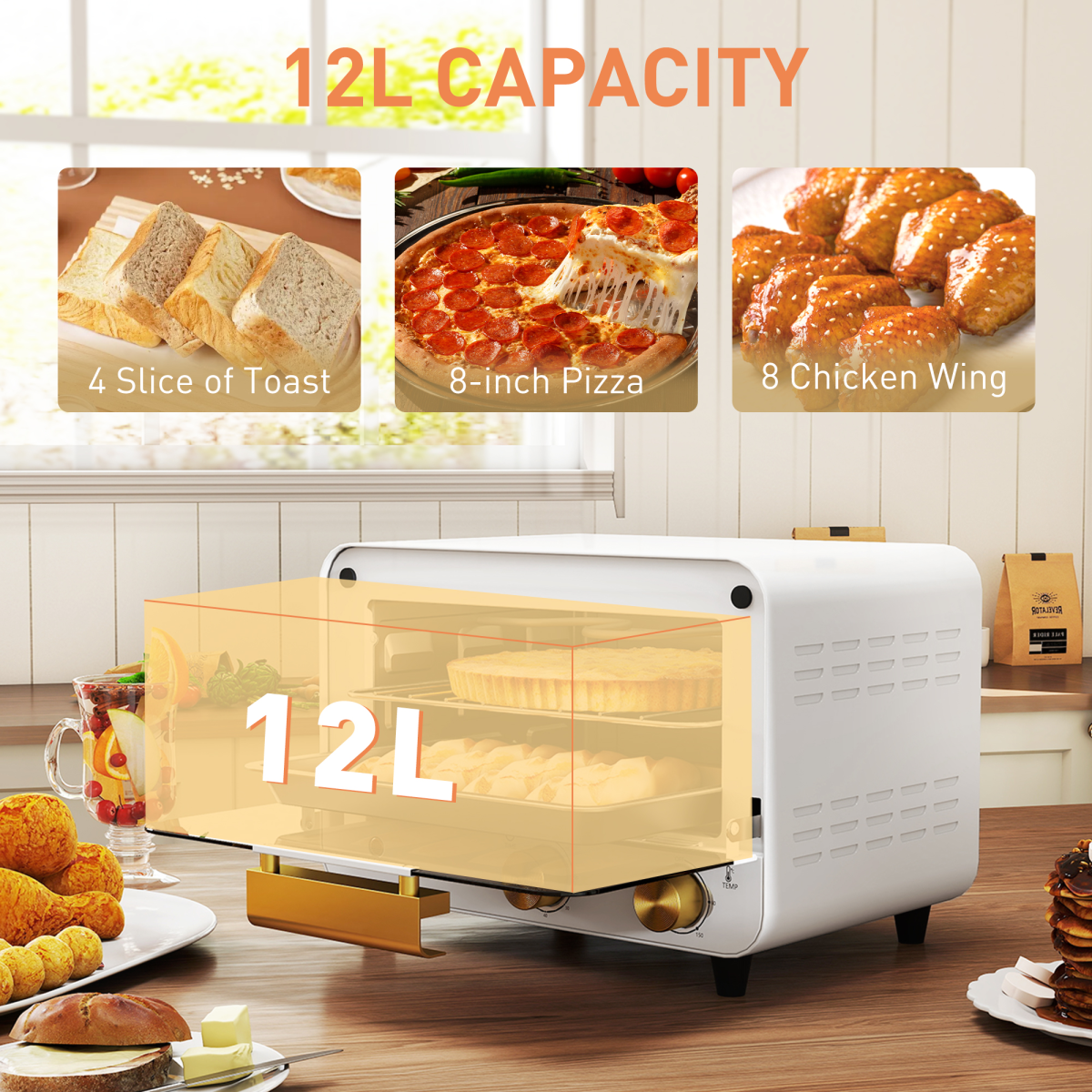 HOMCOM 12L Mini Countertop Toaster Oven, 750W, Glass Door, White