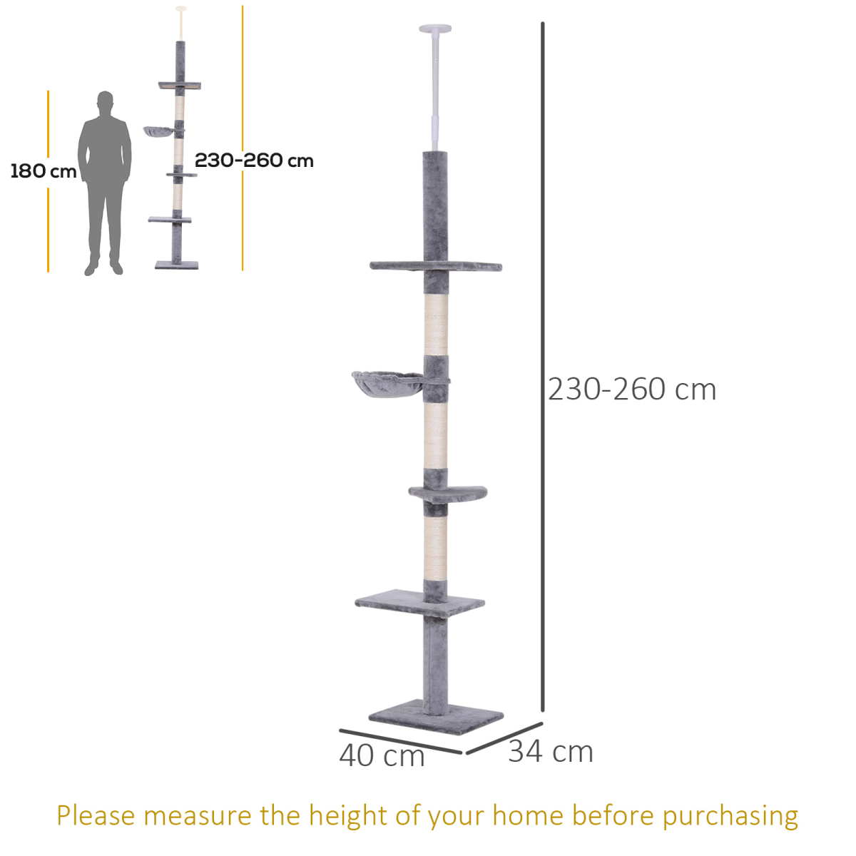 Cat Tree Scratching 5-Tier Kitty Tower  Floor to Ceiling  Adjustable Pawhut