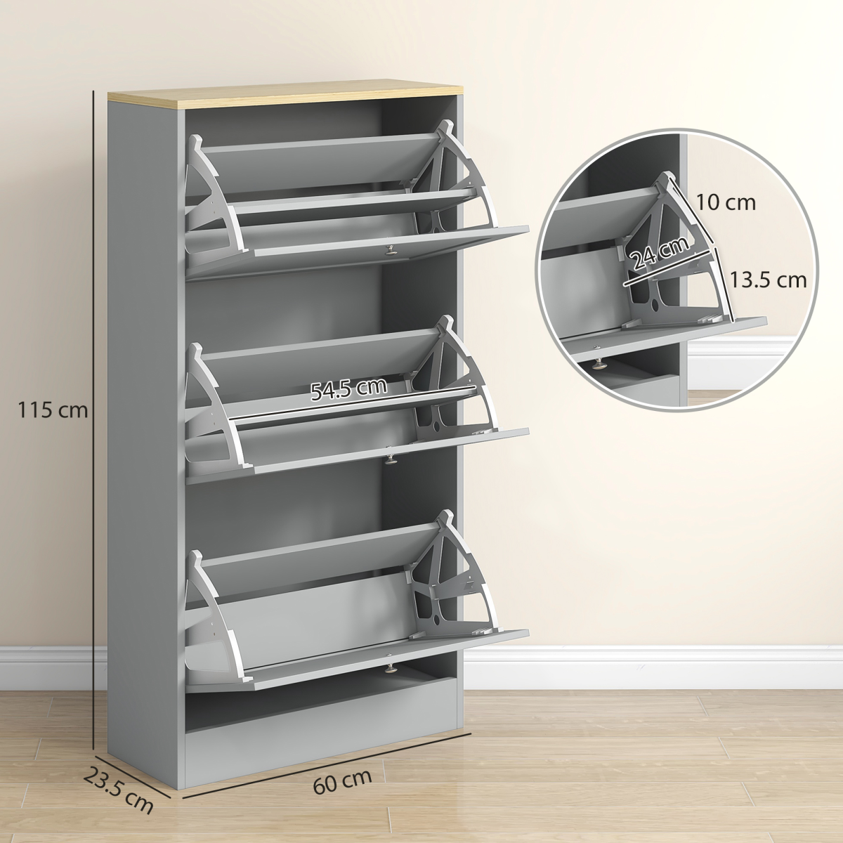 HOMCOM Slim Shoe Cabinet with 3 Flip Drawers, 18 Pairs, Grey