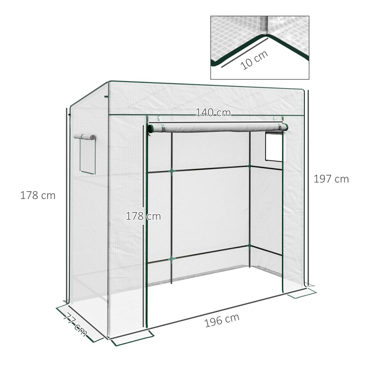 Outsunny Walk-In Lean-to Garden Greenhouse with Roll-Up Door and 2 Mesh Windows, White