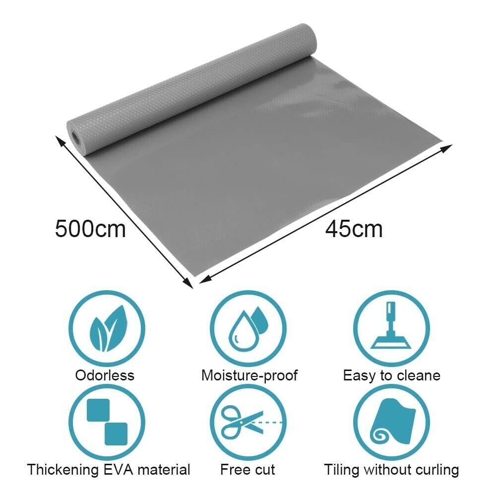 Bulk Roll - 45Cm x 500Cm Non-Slip Grey Waterproof Drawer Shelf Liner Mat UK